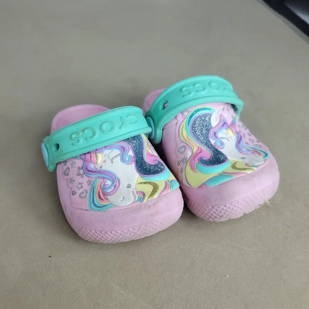Fun Lab Unicorn Crocs Shoes Baby Girls Size‎ 4 Pink Clog Slip On Comfort Sandals